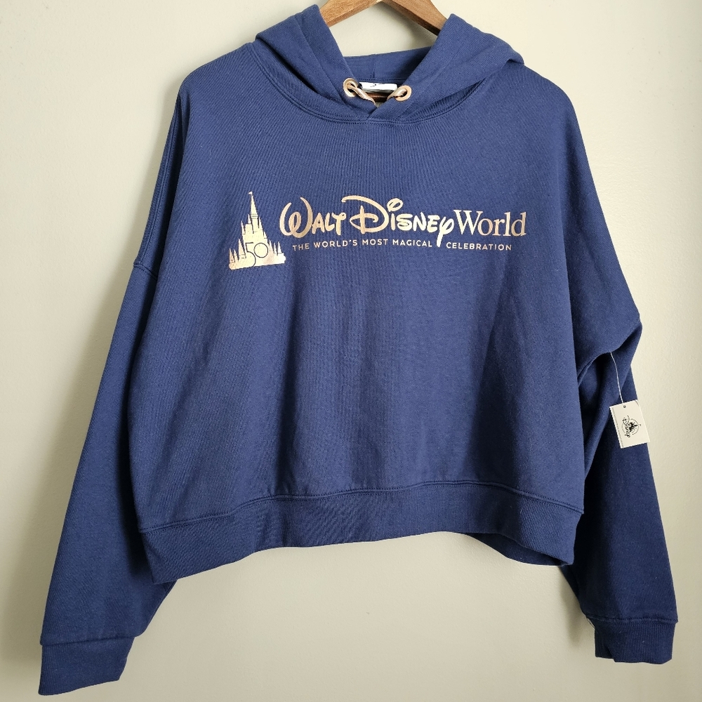 Walt Disney World 50th Anniversary Navy Cropped Pullover Hoodie Sweatshirt L NWT - Picture 2 of 10